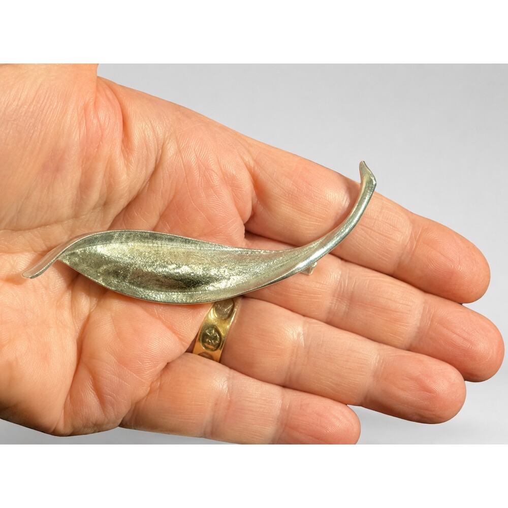 Vintage Large Charel Leaf Brooch Pin- Shiny Brushed Silver-tone Mid-century sf60 - Picture 6 of 8